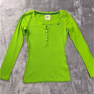 Hollister Neon Green Ribbed Henley Long Sleeve Top Womens Large Y2K